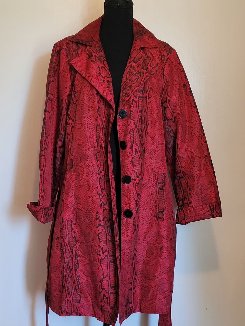 Chico's Red Black Snakeskin Print Long Duster Trench Coat Belted Womens XL
